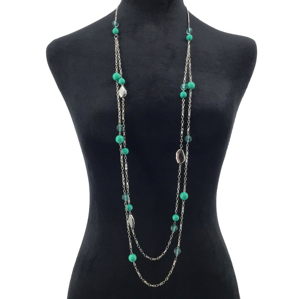 Long Length Beaded Necklace Double Strand Silver Tone Turqoise